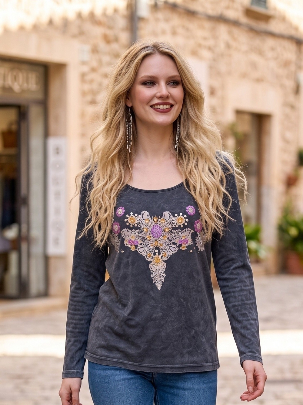 ONE WORLD Charcoal Long-Sleeve Tee with Purple, Silver and Gold Embellishments